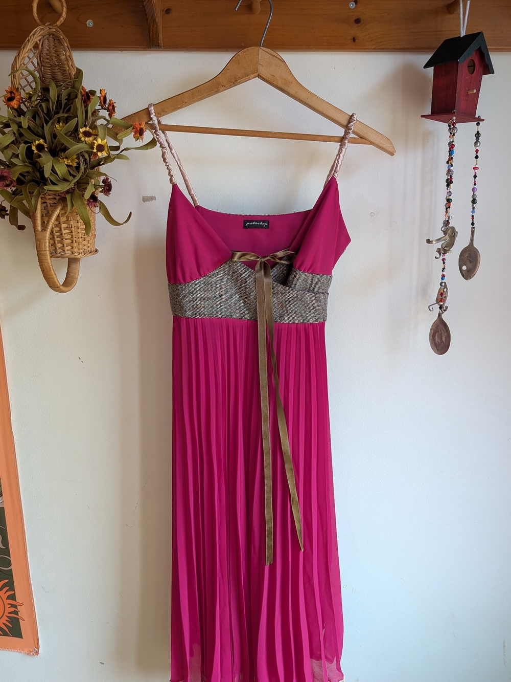 Fuchsia Pleated Midi Dress with Contrast Waistband and Ribbon Tie
